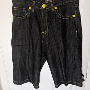 Men's Black Denim Shorts with Yellow Stitching